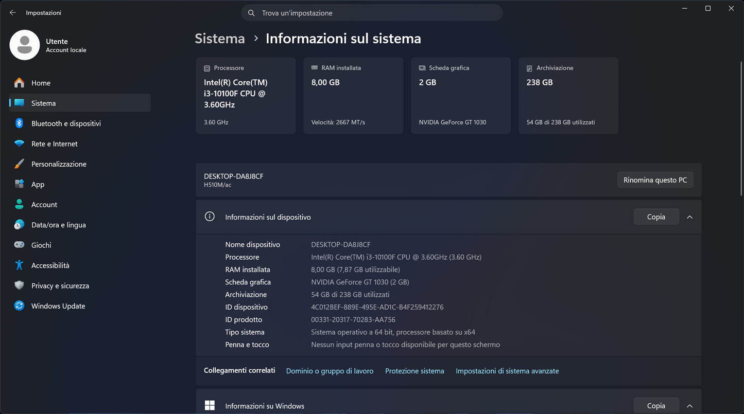 PC Ufficio - Desktop | i3 10100f | 8gb Ram | NVMe 256gb | GT 1030 2gb | W11